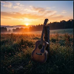 Acoustic guitar against a golden sunrise in a field