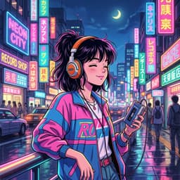 Anime style girl with headphones in a neon city