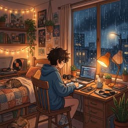 Cozy lofi bedroom with desk and rain outside