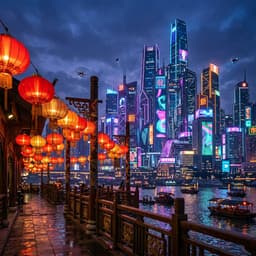 Modern neon city skyline with traditional Chinese lanterns