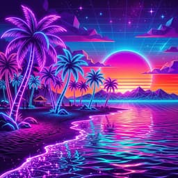 Vibrant sunny tropical beach with neon palm trees